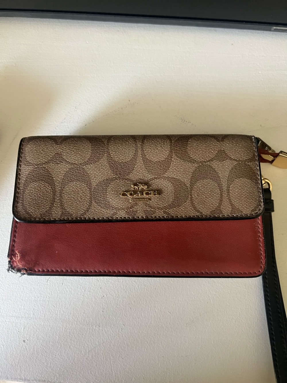 COACH Brown Signature Canvas and Red Leather Wristlet